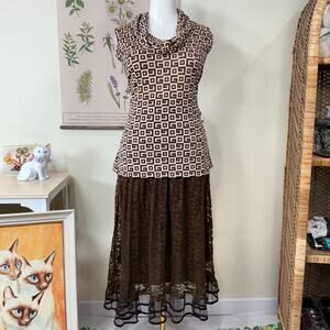 Vtg 90s Y2k Brown Lace Mesh Ruffle Maxi Skirt Fairy Grunge Forest Mori Kei XL
